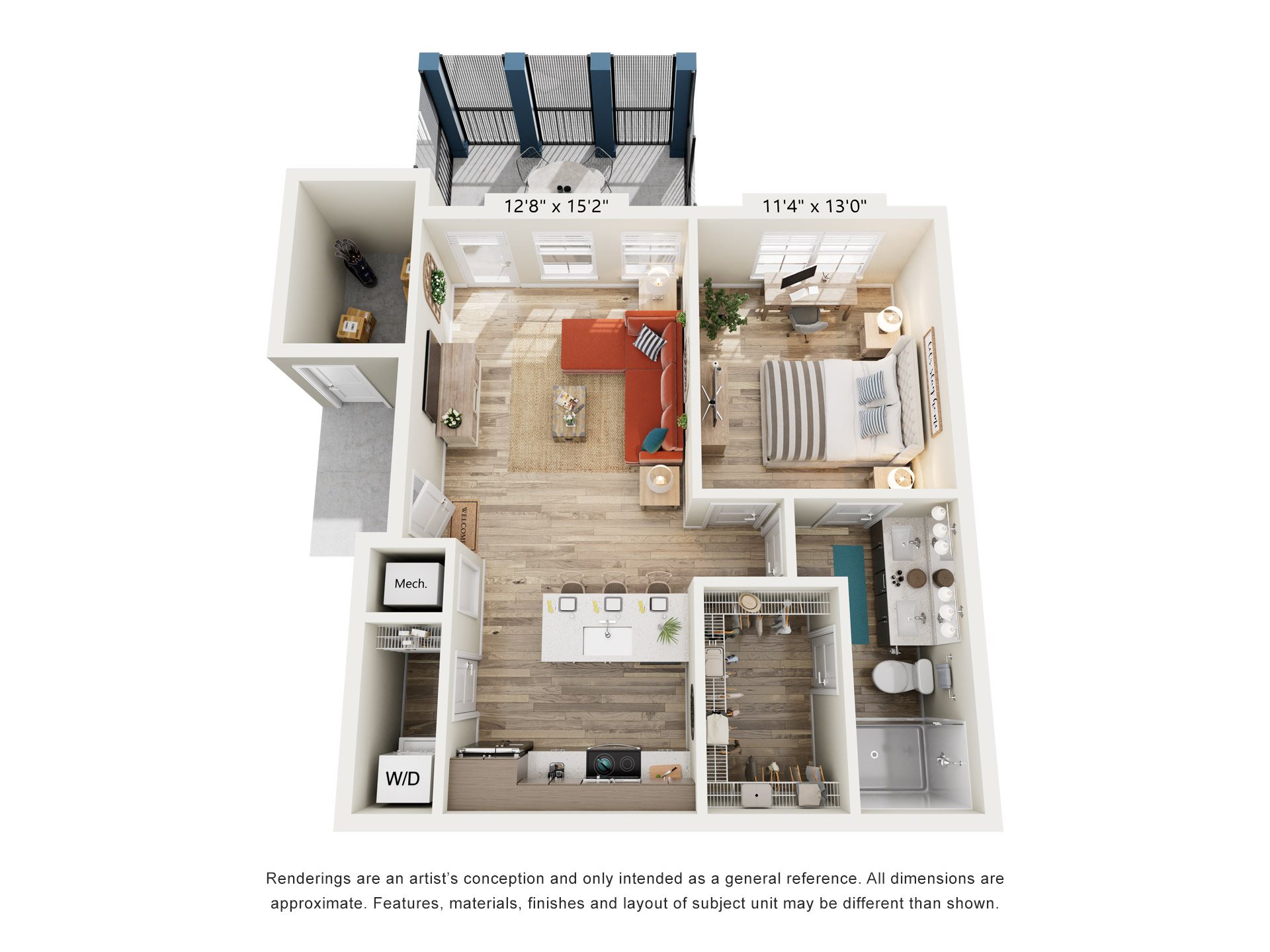Floor plan for 1 bed, 1 bath, 750 sqft